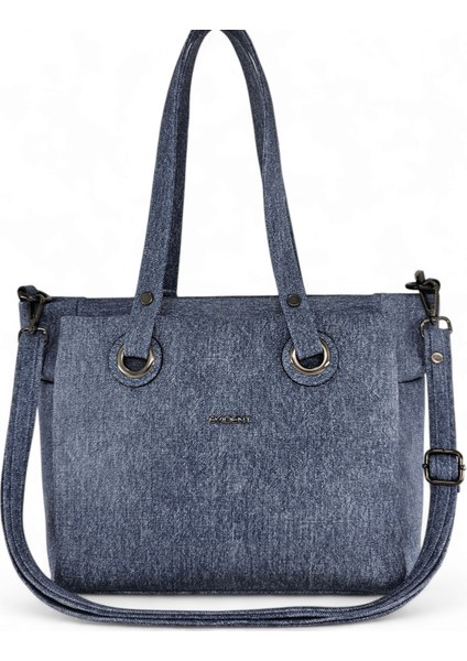Cep Detaylı Denim Görünümlü Yumuşak Deri Salaş Kadın Omuz Çantası