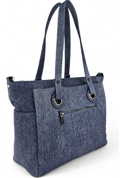 Cep Detaylı Denim Görünümlü Yumuşak Deri Salaş Kadın Omuz Çantası fırsatları