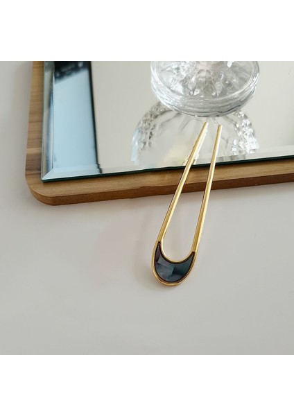 Oval Sedef Detaylı Metal Topuz Tokası - Çubuk Saç Tokası - Saç Çubuğu