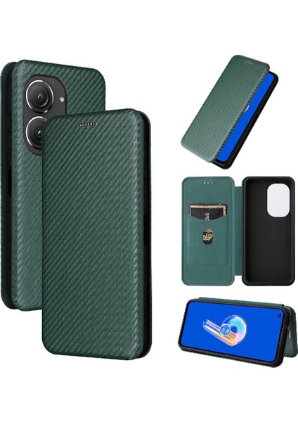 Asus Zenfone 9 Için Kılıf Deri Folio Flip Case Manyetik Karbon Fiber (Yurt Dışından)