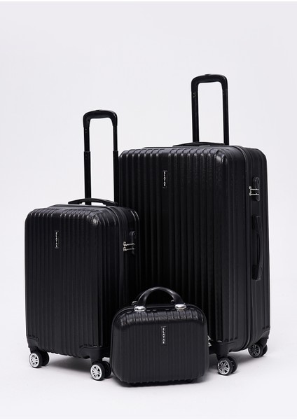 3'lü Valiz Seti Elatae Valiz Büyük - Kabin Boy ve Makyaj Siyah 1020