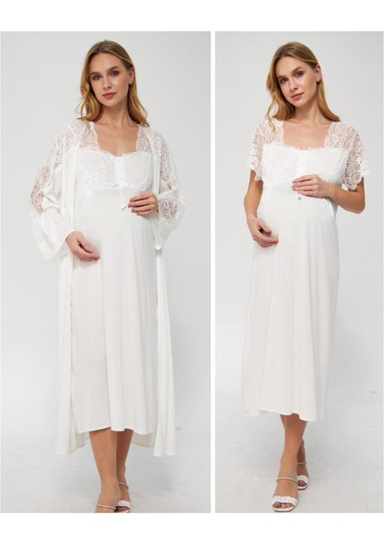 3044 Ekru Hamile Lohusa Yeni Sezon Gecelik Sabahlık Tk modelleri