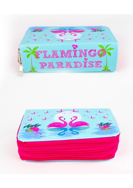 Kalem Kutusu Flamingo Paradise Orginazer Üç Bölmeli Vegan Deri (Kalemlik)