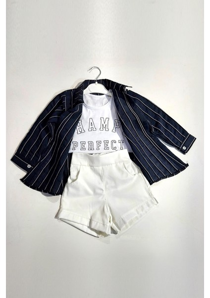 Çizgili Gömlek Kot Şortlu 3 lü takım - Siyah