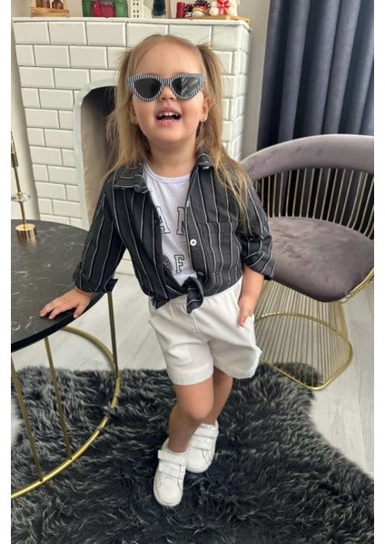 Çizgili Gömlek Kot Şortlu 3 lü takım - Siyah fiyatları