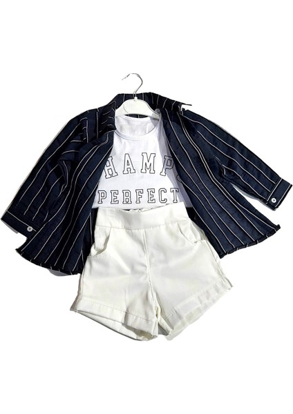 Çizgili Gömlek Kot Şortlu 3 lü takım - Siyah modelleri