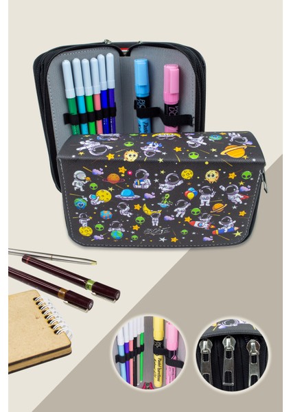 Kalem Kutusu Astronaut Kawaii Desen Orginazer Üç Bölmeli Vegan Deri (Kalemlik)