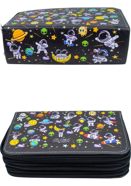 Kalem Kutusu Astronaut Kawaii Desen Orginazer Üç Bölmeli Vegan Deri (Kalemlik) modelleri