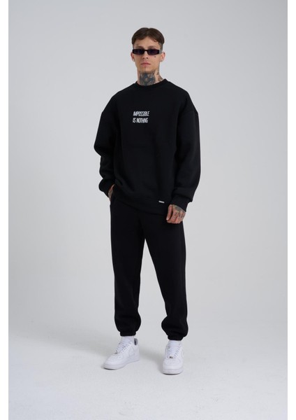 Erkek Imposıble Hand Baskılı Oversize Siyah Sweatshirt