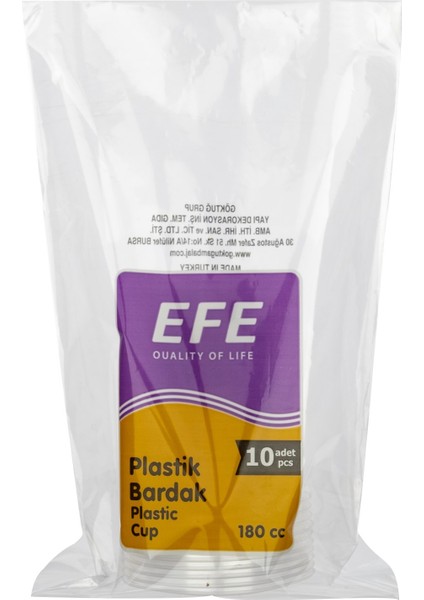 Efe Quality Of Life Plastik Pet Bardak 10'lu Paket Plastic Cup 180 cc Otomat Bardağı