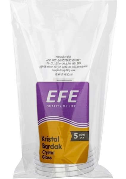 Efe Quality Of Life Kristal Mika Bardak 5'li Paket Şeffaf Crystal Glass 8,5 gr Kristal Mika Bardak