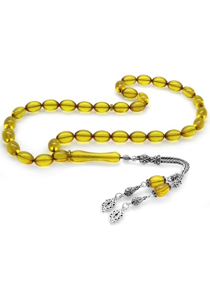 925 Ayar Gümüş Çift Püsküllü Arpa Kesim Şeffaf Sarı Ateş Kehribar Tesbih