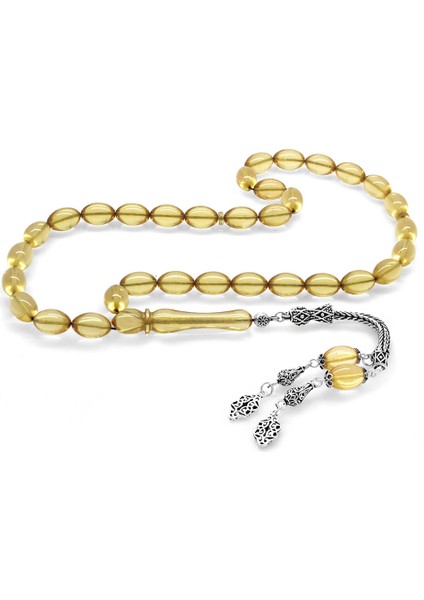 925 Ayar Gümüş Çift Püsküllü Arpa Kesim Şeffaf Beyaz Ateş Kehribar Tesbih