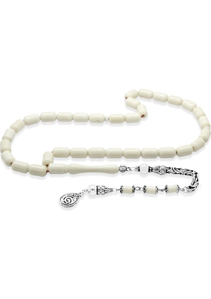 925 Ayar Gümüş Kral Zincir Püsküllü Uçlu Kapsül Kesim Naturel Renk Kırmızı Ipli Deve Kemiği Tesbih