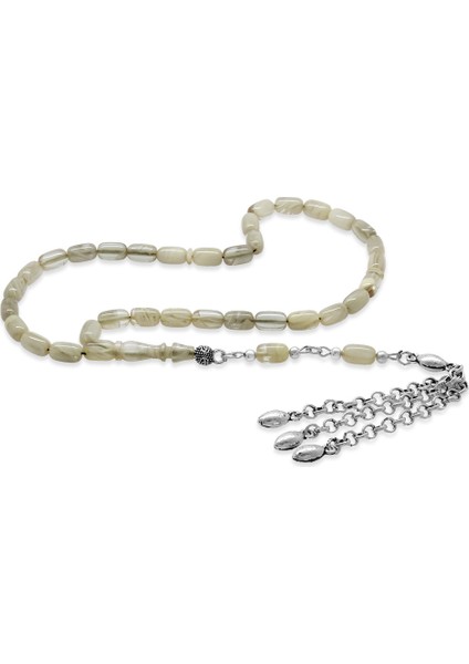 Kararmaz Metal Püsküllü Kapsül Kesim Şeffaf-Beyaz Bilek Boy Sıkma Kehribar Tesbih