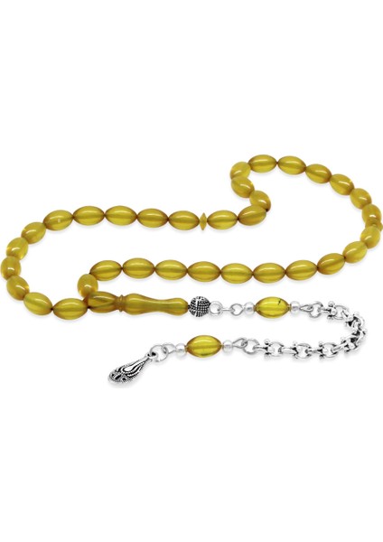 Kararmaz Metal Arnavut Zincir Su Damlası Püsküllü Arpa Kesim Sarı Bilek Boy Ateş Kehribar Tesbih