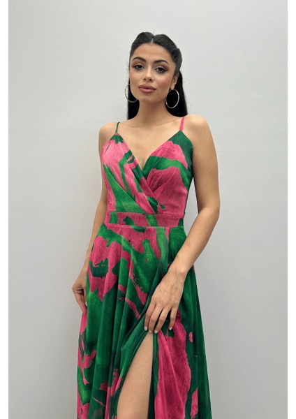 Organze Sifon Kumaş Desenli Maxi Elbise - Yeşil fırsatları