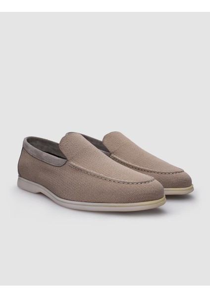 Triko Bej Deri Detaylı Erkek Loafer