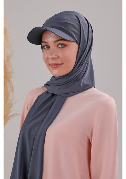 Kadın Tesettür Şapkalı Boneli Hazır Şal Koyu Gri Antrasit