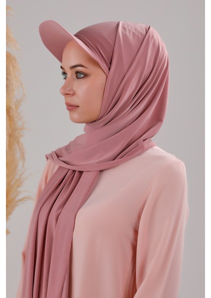 Kadın Tesettür Şapkalı Boneli Hazır Şal Pudra