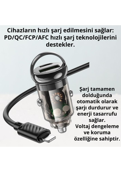 Hc 30W 1xtype-C 1xusb Girişli 1mt 20W Type-C To iPhone Kablolu Araç Çakmaklık Hızlı Şarj Aleti