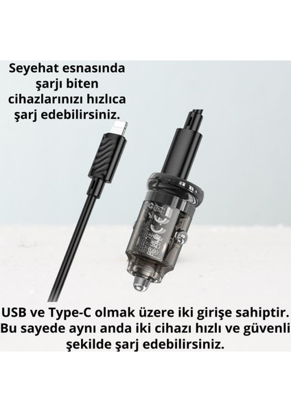 Hc 30W 1xtype-C 1xusb Girişli 1mt 20W Type-C To iPhone Kablolu Araç Çakmaklık Hızlı Şarj Aleti