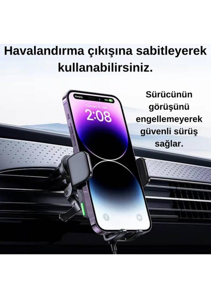 Süper Hızlı 15W Kablosuz Şarjlı Araç Içi Telefon Tutucu, Düşmez, Titremez, Stabil Telefon Tutucu