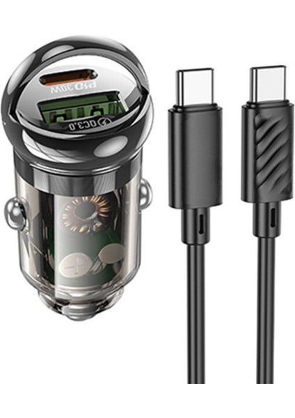 Hc 30W 1xtype-C 1xusb Girişli 1mt 20W Type-C Totype C Kablolu Araç Çakmaklık Hızlı Şarj Aleti