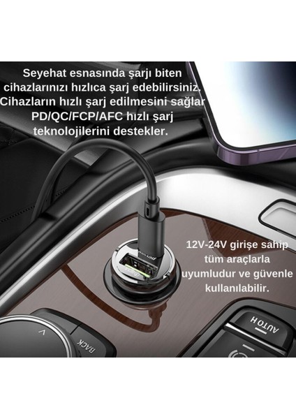 Hc 30W 1xtype-C 1xusb Girişli 1mt 20W Type-C Totype C Kablolu Araç Çakmaklık Hızlı Şarj Aleti