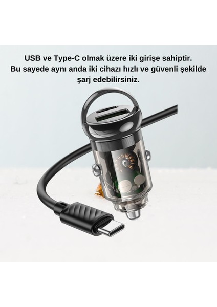 Hc 30W 1xtype-C 1xusb Girişli 1mt 20W Type-C Totype C Kablolu Araç Çakmaklık Hızlı Şarj Aleti