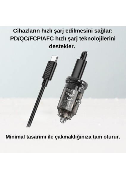 Hc 30W 1xtype-C 1xusb Girişli 1mt 20W Type-C Totype C Kablolu Araç Çakmaklık Hızlı Şarj Aleti