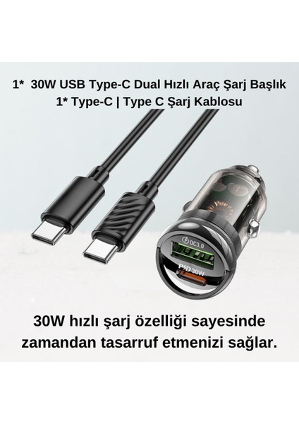 Hc 30W 1xtype-C 1xusb Girişli 1mt 20W Type-C Totype C Kablolu Araç Çakmaklık Hızlı Şarj Aleti