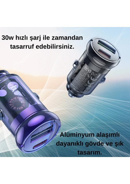 Hc 30W 1x Type-C 1x USB Girişli Araç Çakmaklık Hızlı Şarj Başlığı, Akım, Voltaj, Isı Korumalı