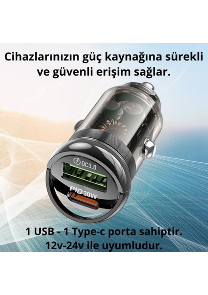 Hc 30W 1x Type-C 1x USB Girişli Araç Çakmaklık Hızlı Şarj Başlığı, Akım, Voltaj, Isı Korumalı