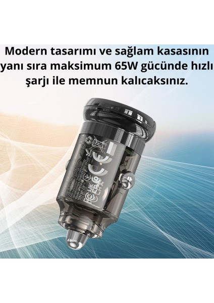 Hc 30W 1x Type-C 1x USB Girişli Araç Çakmaklık Hızlı Şarj Başlığı, Akım, Voltaj, Isı Korumalı