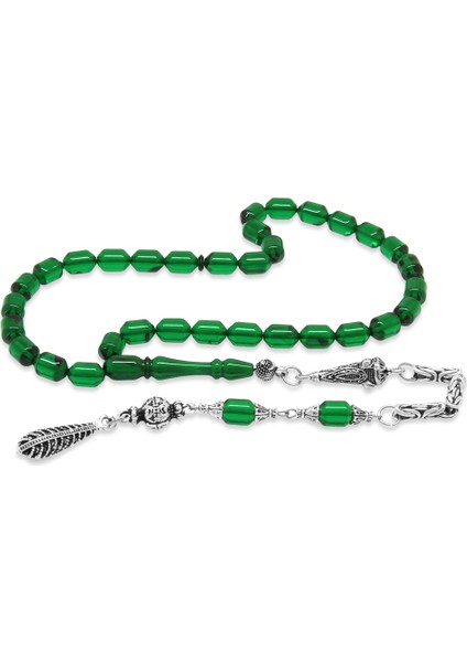 Kararmaz Metal Kral Zincir Püsküllü Uçlu Kapsül Kesim Şeffaf Yeşil-Siyah Ateş Kehribar Tesbih