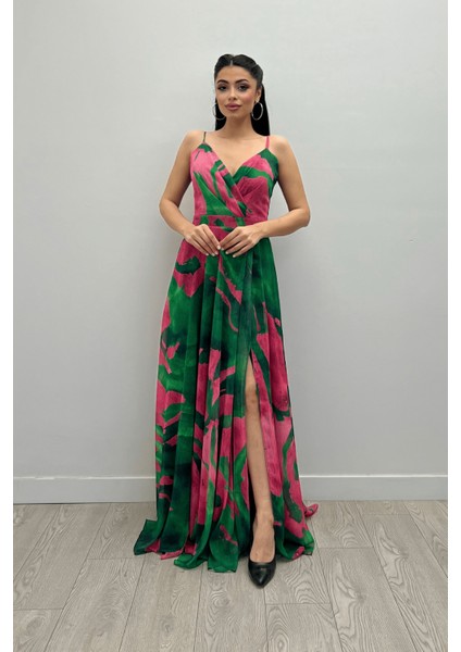 Organze Sifon Kumaş Desenli Maxi Elbise - Yeşil