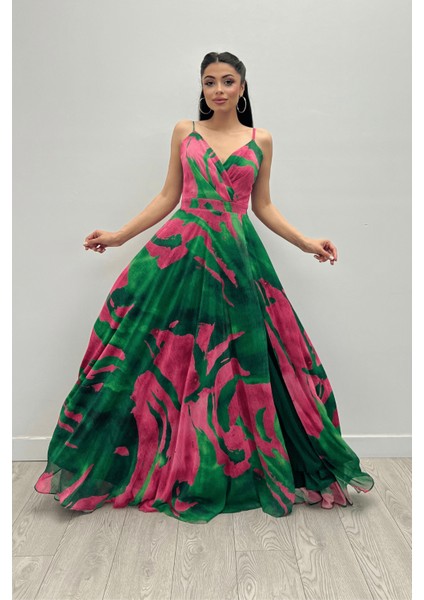 Organze Sifon Kumaş Desenli Maxi Elbise - Yeşil fiyatları