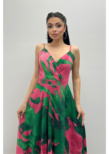 Organze Sifon Kumaş Desenli Maxi Elbise - Yeşil modelleri