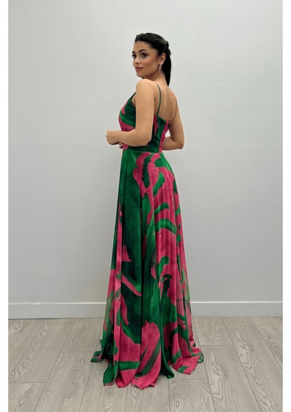 Organze Sifon Kumaş Desenli Maxi Elbise - Yeşil indirimleri
