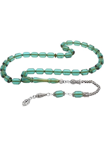 925 Ayar Gümüş Kral Püsküllü Uçlu Kapsül Kesim Su Mavisi Ateş Kehribar Tesbih