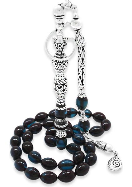 925 Ayar Gümüş Kral Püsküllü Nakkaş Imameli Nargile Tasarım Mavi-Siyah Sıkma Kehribar Tesbih fiyatları