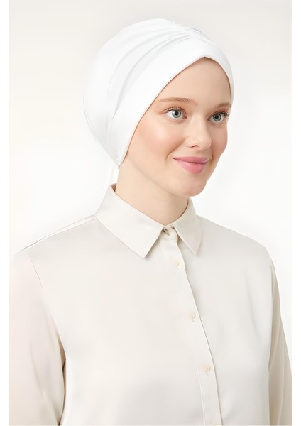 Kadın Tesettür Dubai Arkadan Bağlamalı Bone Şal Ekru