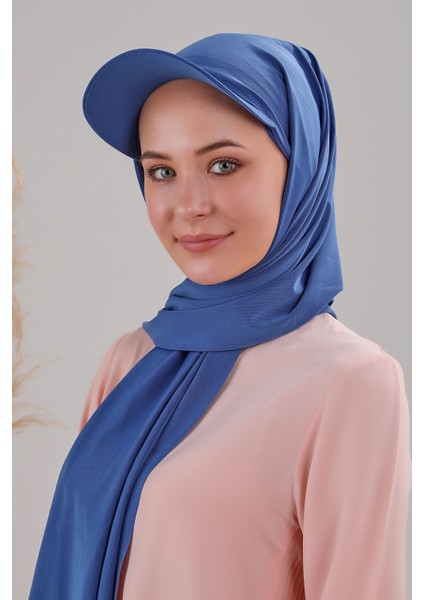 Kadın Tesettür Şapkalı Boneli Hazır Şal Indigo