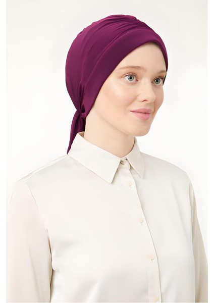 Kadın Tesettür Dubai Arkadan Bağlamalı Bone Şal Mor