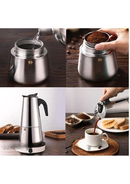 Tekno Trust Gümüş 4 Kişilik Çelik Mokapot Espresso Filtre Italyan Kahve Makinesi Çelik 200 + ml