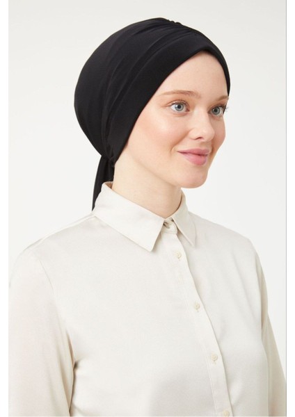 Kadın Tesettür Dubai Arkadan Bağlamalı Bone Şal Siyah