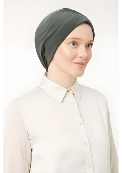 Kadın Tesettür Dubai Arkadan Bağlamalı Bone Şal Haki