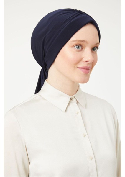 Kadın Tesettür Dubai Arkadan Bağlamalı Bone Şal Lacivert