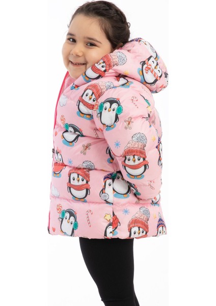 Outriver Kids Kız Çocuk Içi Polarlı Kapüşonlu Penguen Şeker Desenli Kışlık Şişme